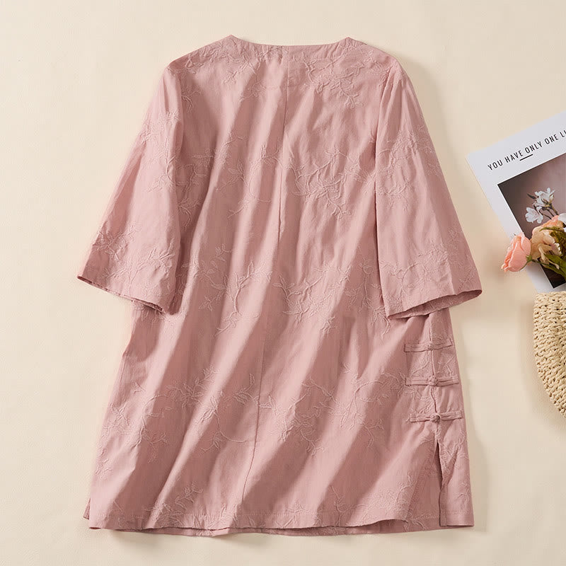 Buddha Stones Koszula damska bawełniana wiosenna z długim rękawem i dekoltem w serek, z wzorem liści - image 4