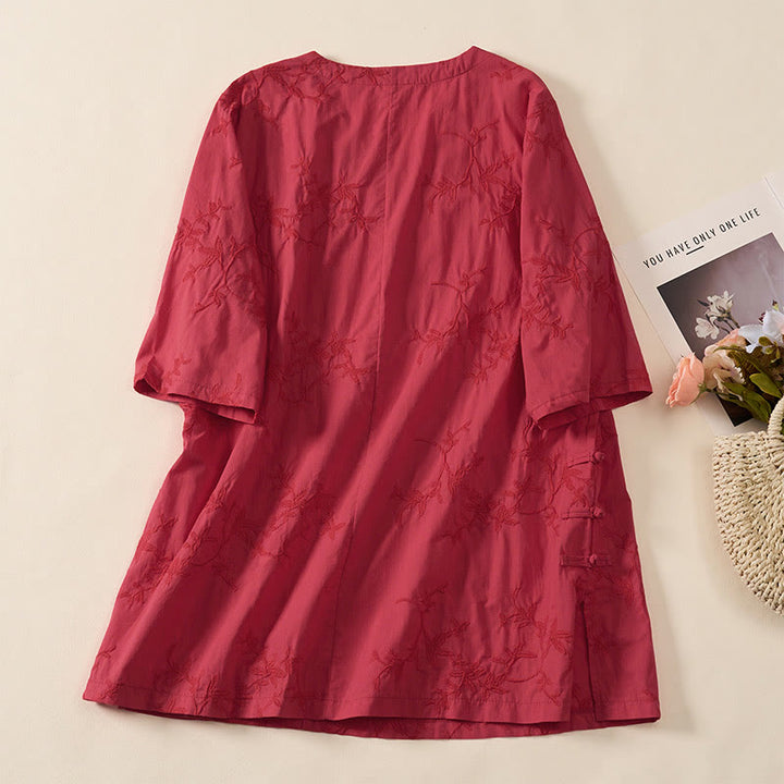 Buddha Stones Koszula damska bawełniana wiosenna z długim rękawem i dekoltem w serek, z wzorem liści - image 20