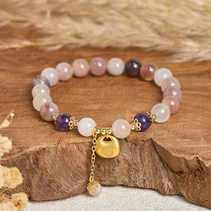 Buddha Stones Bransoletka z jadeitu Fu w kolorze złotego jedwabiu z postacią królika odstraszającego złe duchy - Złota postać z jedwabnego jadeitu Fu (obwód nadgarstka: 14-15 cm) - image 0