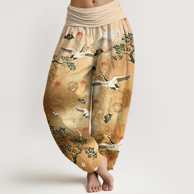 Buddha Stones Tradycyjne bawełniane spodnie haremki damskie z elastyczną talią i wzorem w kształcie żurawia i sosny - Nawłoć - US16, UK/AU20, EU48 (3XL) - image 0