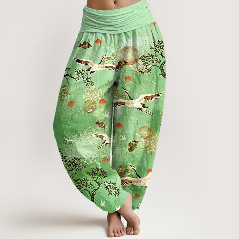 Buddha Stones Tradycyjne bawełniane spodnie haremki damskie z elastyczną talią i wzorem w kształcie żurawia i sosny - LimeGreen - US16, UK/AU20, EU48 (3XL) - image 5