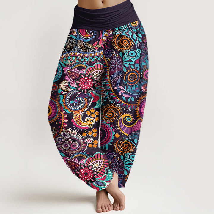 Buddha Stones Bawełniane spodnie damskie typu harem z tradycyjnym wzorem paisley i elastyczną talią - Czarny - US16, UK/AU20, EU48 (3XL) - image 0