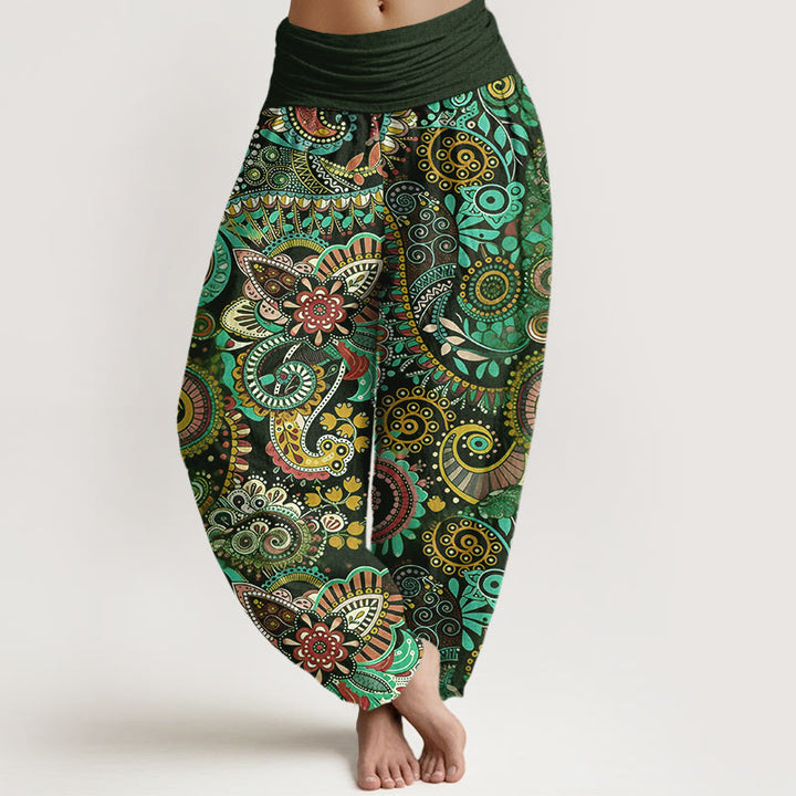Buddha Stones Bawełniane spodnie damskie typu harem z tradycyjnym wzorem paisley i elastyczną talią - Ciemnozielony - US16, UK/AU20, EU48 (3XL) - image 5