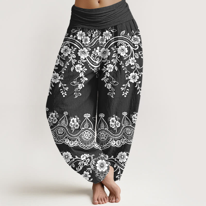 Buddha Stones Bawełniane spodnie haremki damskie z elastyczną talią i wzorem w kwiaty i liście winorośli - Czarny - US16, UK/AU20, EU48 (3XL) - image 0