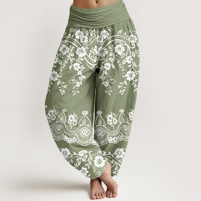 Buddha Stones Bawełniane spodnie haremki damskie z elastyczną talią i wzorem w kwiaty i liście winorośli - DarkSeaGreen - US16, UK/AU20, EU48 (3XL) - image 5