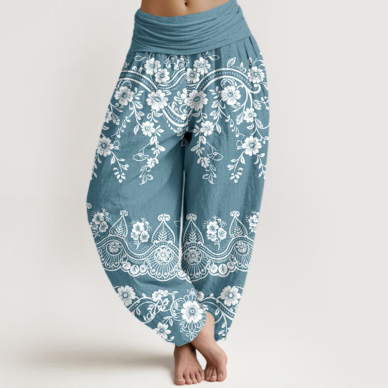 Buddha Stones Bawełniane spodnie haremki damskie z elastyczną talią i wzorem w kwiaty i liście winorośli - SkyBlue - US16, UK/AU20, EU48 (3XL) - image 8
