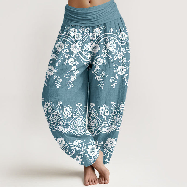 Buddha Stones Bawełniane spodnie haremki damskie z elastyczną talią i wzorem w kwiaty i liście winorośli - SkyBlue - US16, UK/AU20, EU48 (3XL) - image 8
