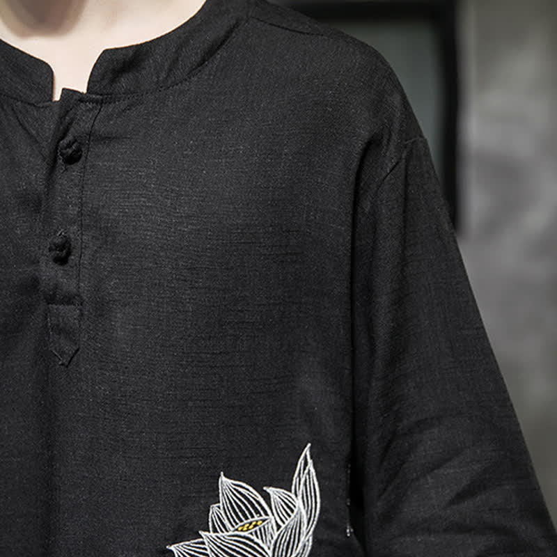 Buddha Stones Letnia męska koszulka z krótkim rękawem i haftowanym wzorem ważki lotosu z chińskim guzikiem żaby - image 7