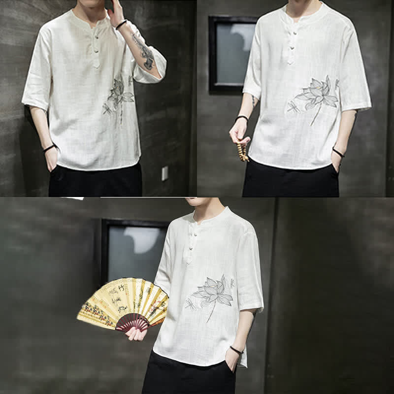 Buddha Stones Letnia męska koszulka z krótkim rękawem i haftowanym wzorem ważki lotosu z chińskim guzikiem żaby - image 17