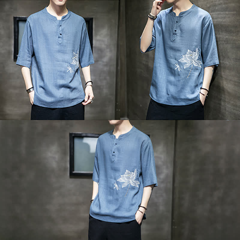 Buddha Stones Letnia męska koszulka z krótkim rękawem i haftowanym wzorem ważki lotosu z chińskim guzikiem żaby - image 25