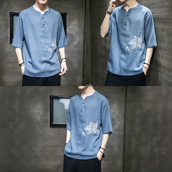 Buddha Stones Letnia męska koszulka z krótkim rękawem i haftowanym wzorem ważki lotosu z chińskim guzikiem żaby - image 25