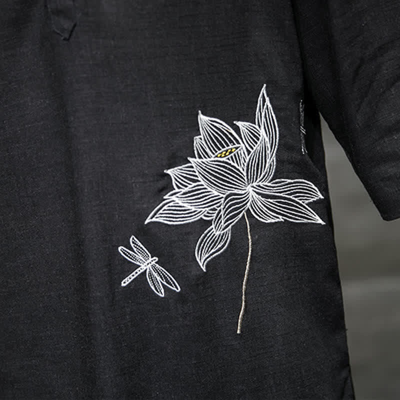 Buddha Stones Letnia męska koszulka z krótkim rękawem i haftowanym wzorem ważki lotosu z chińskim guzikiem żaby - image 8