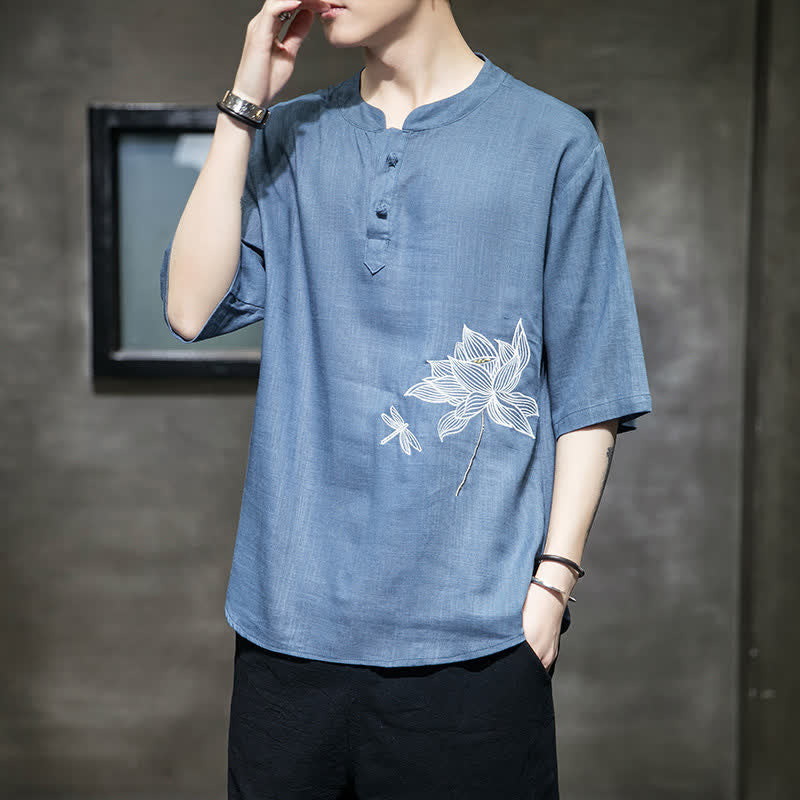 Buddha Stones Letnia męska koszulka z krótkim rękawem i haftowanym wzorem ważki lotosu z chińskim guzikiem żaby - image 20