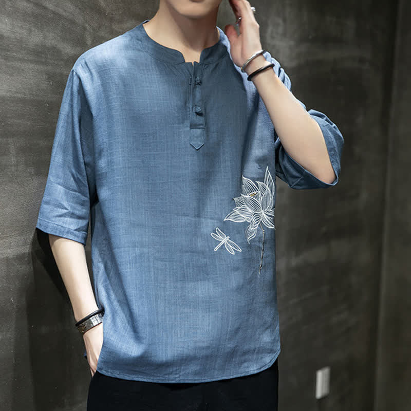 Buddha Stones Letnia męska koszulka z krótkim rękawem i haftowanym wzorem ważki lotosu z chińskim guzikiem żaby - image 24