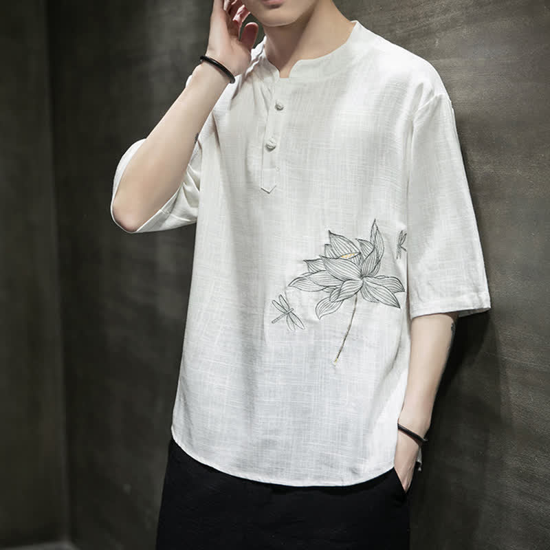 Buddha Stones Letnia męska koszulka z krótkim rękawem i haftowanym wzorem ważki lotosu z chińskim guzikiem żaby - image 16