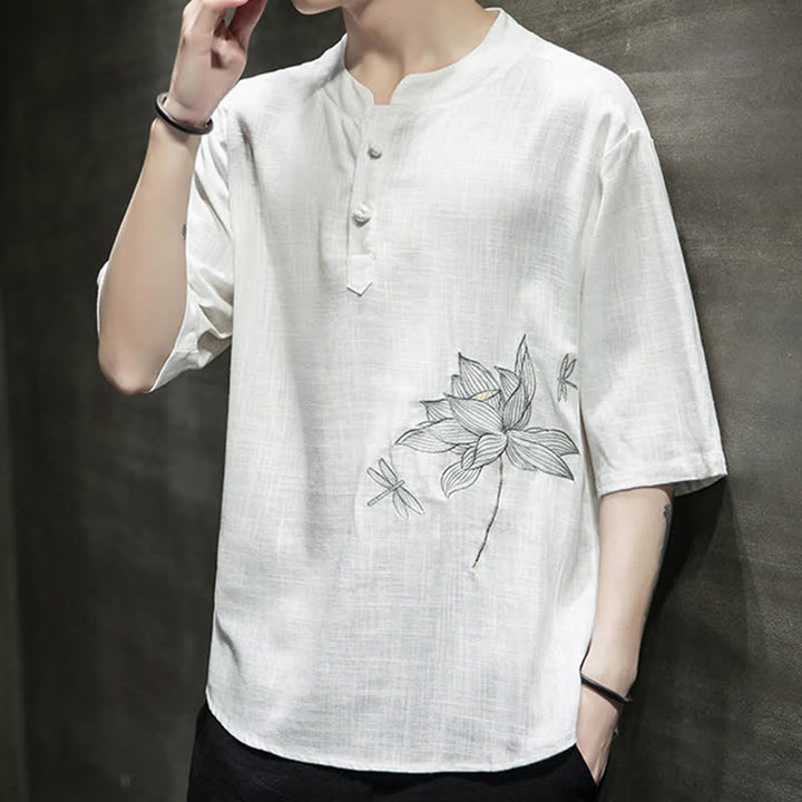 Buddha Stones Letnia męska koszulka z krótkim rękawem i haftowanym wzorem ważki lotosu z chińskim guzikiem żaby - image 14