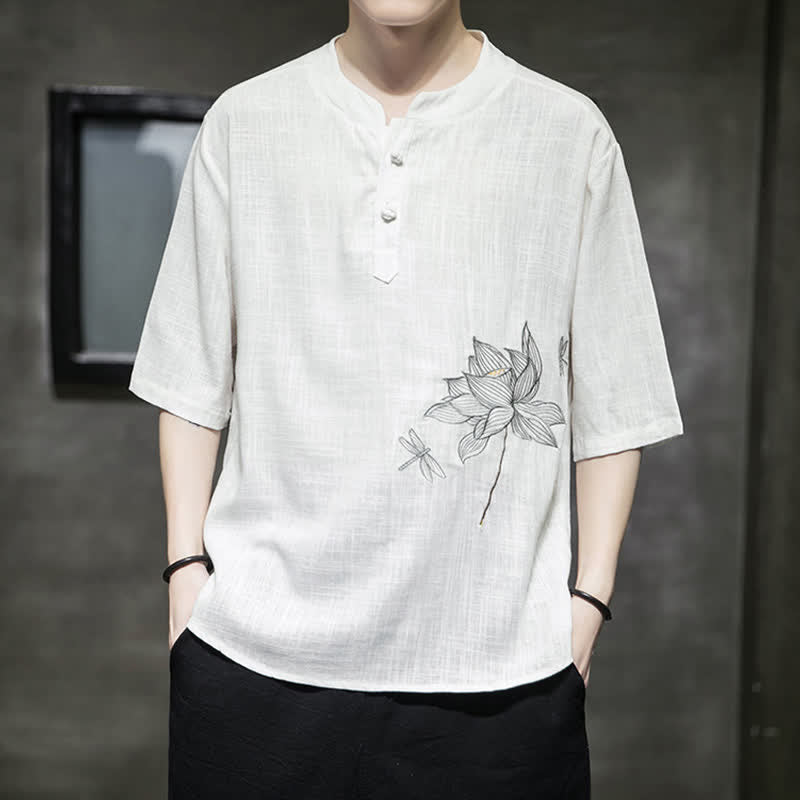 Buddha Stones Letnia męska koszulka z krótkim rękawem i haftowanym wzorem ważki lotosu z chińskim guzikiem żaby - image 12