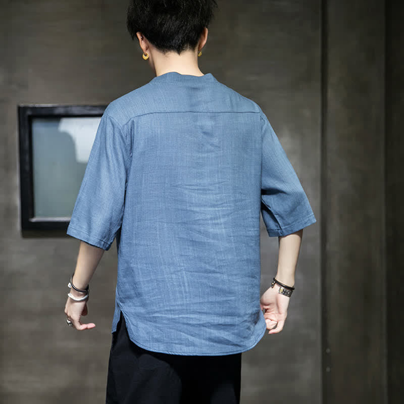 Buddha Stones Letnia męska koszulka z krótkim rękawem i haftowanym wzorem ważki lotosu z chińskim guzikiem żaby - image 22