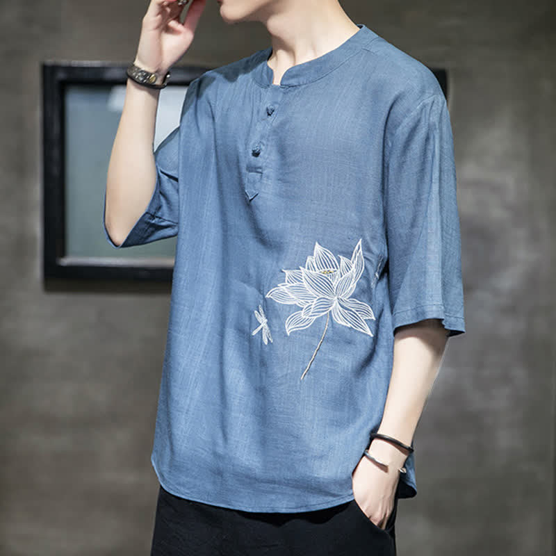 Buddha Stones Letnia męska koszulka z krótkim rękawem i haftowanym wzorem ważki lotosu z chińskim guzikiem żaby - image 19