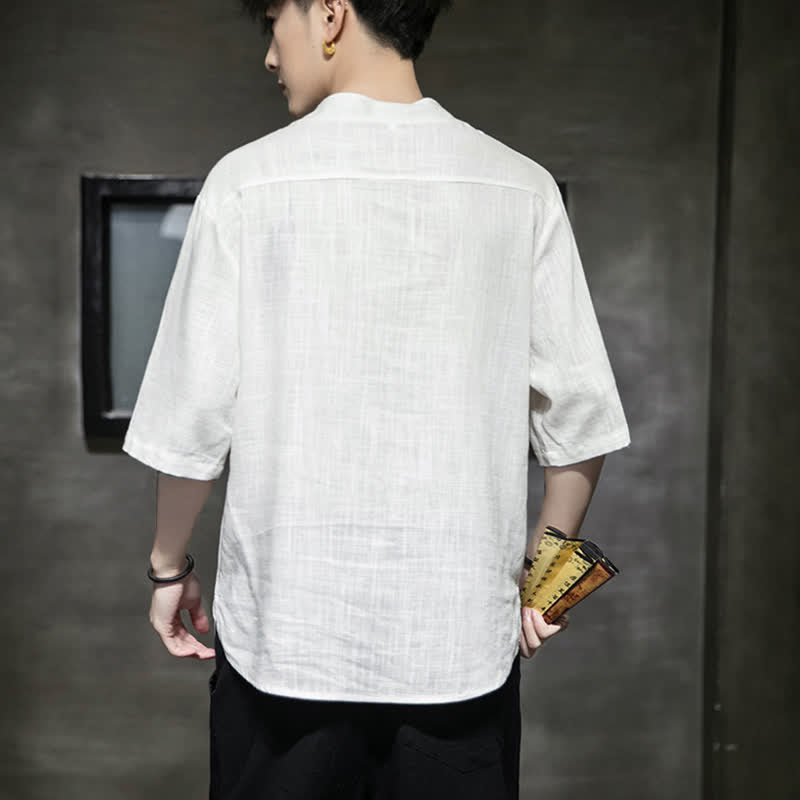 Buddha Stones Letnia męska koszulka z krótkim rękawem i haftowanym wzorem ważki lotosu z chińskim guzikiem żaby - image 13