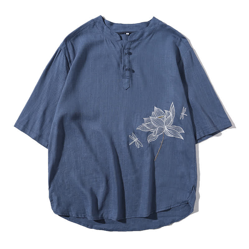 Buddha Stones Letnia męska koszulka z krótkim rękawem i haftowanym wzorem ważki lotosu z chińskim guzikiem żaby - image 26