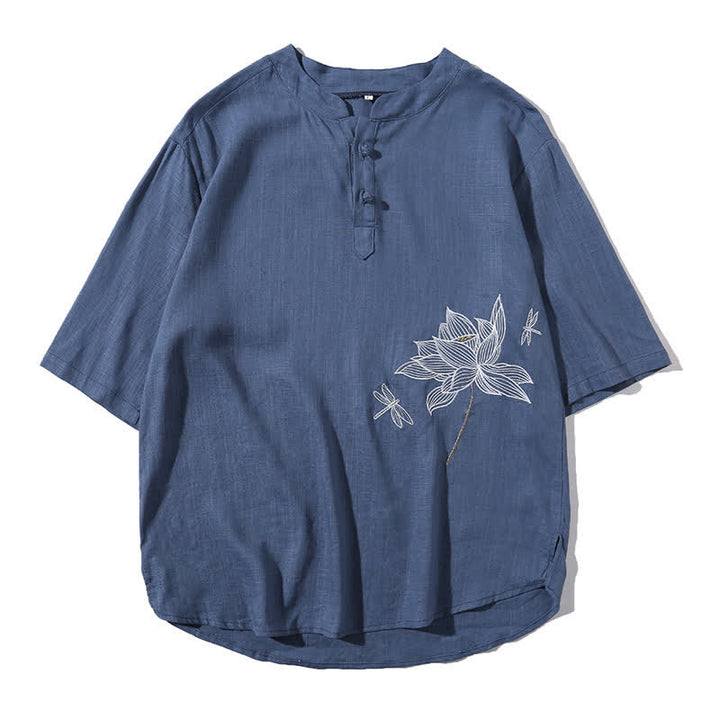 Buddha Stones Letnia męska koszulka z krótkim rękawem i haftowanym wzorem ważki lotosu z chińskim guzikiem żaby - image 26