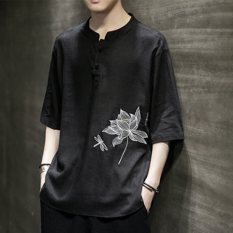 Buddha Stones Letnia męska koszulka z krótkim rękawem i haftowanym wzorem ważki lotosu z chińskim guzikiem żaby - image 5