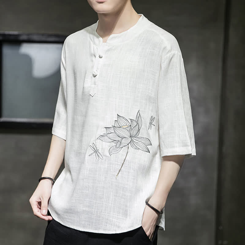 Buddha Stones Letnia męska koszulka z krótkim rękawem i haftowanym wzorem ważki lotosu z chińskim guzikiem żaby - image 11