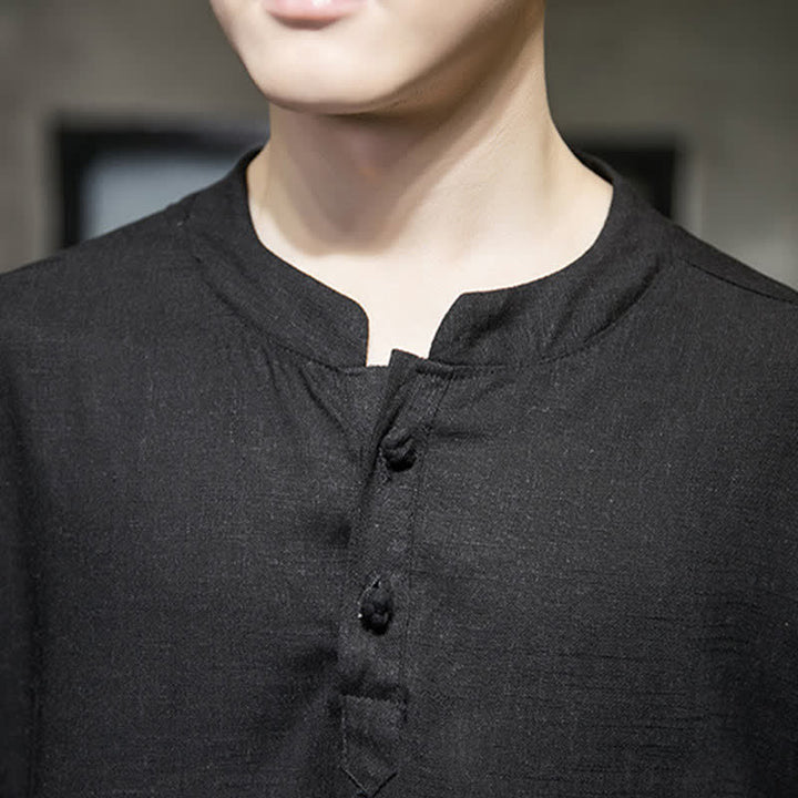 Buddha Stones Letnia męska koszulka z krótkim rękawem i haftowanym wzorem ważki lotosu z chińskim guzikiem żaby - image 6