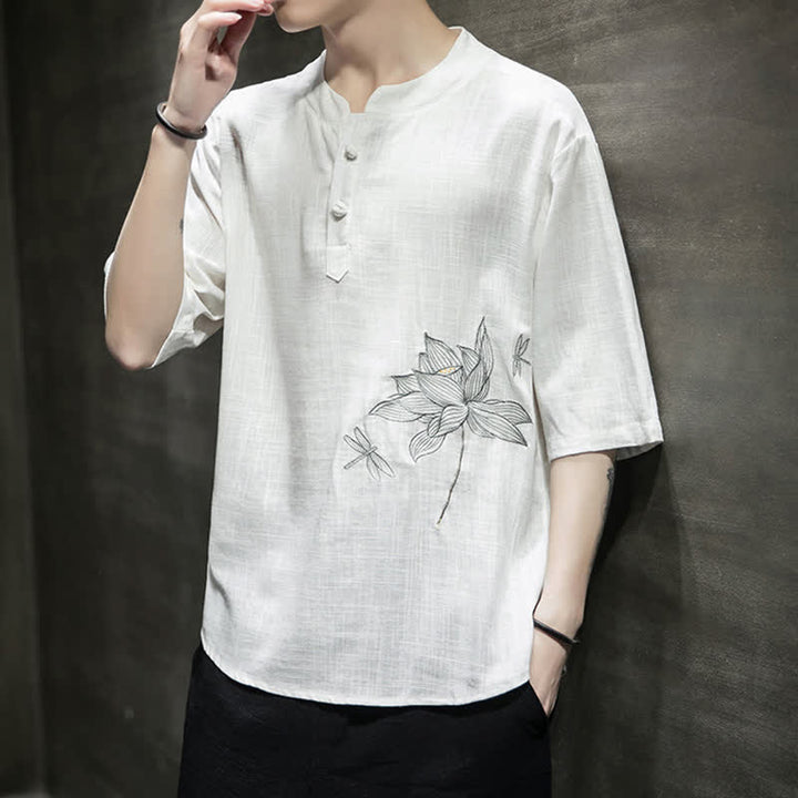 Buddha Stones Letnia męska koszulka z krótkim rękawem i haftowanym wzorem ważki lotosu z chińskim guzikiem żaby - image 15