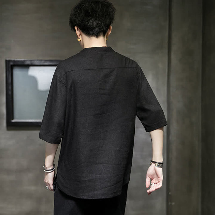 Buddha Stones Letnia męska koszulka z krótkim rękawem i haftowanym wzorem ważki lotosu z chińskim guzikiem żaby - image 2