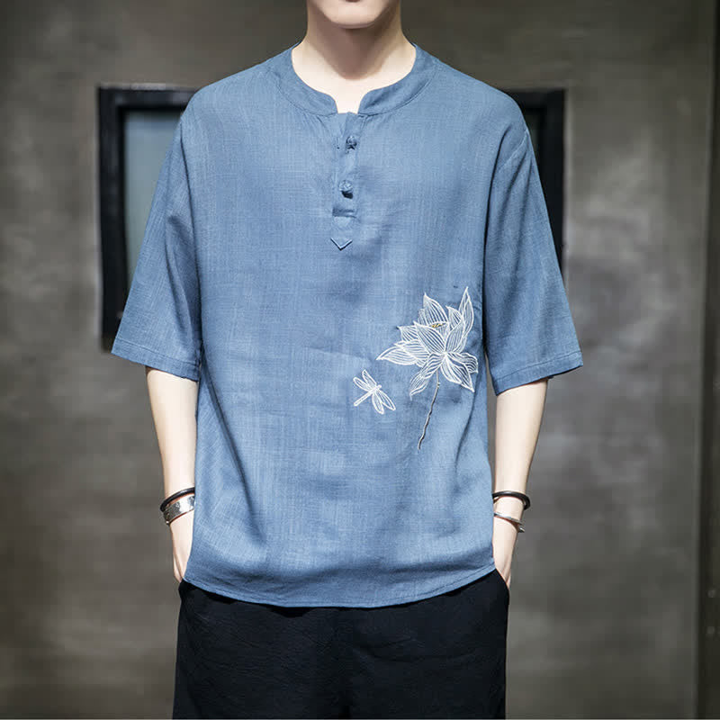 Buddha Stones Letnia męska koszulka z krótkim rękawem i haftowanym wzorem ważki lotosu z chińskim guzikiem żaby - image 21