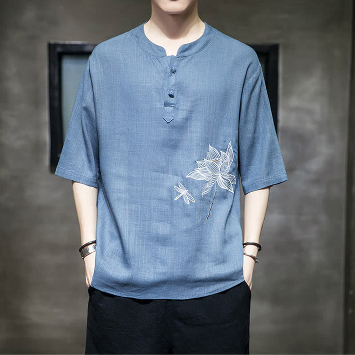 Buddha Stones Letnia męska koszulka z krótkim rękawem i haftowanym wzorem ważki lotosu z chińskim guzikiem żaby - image 21