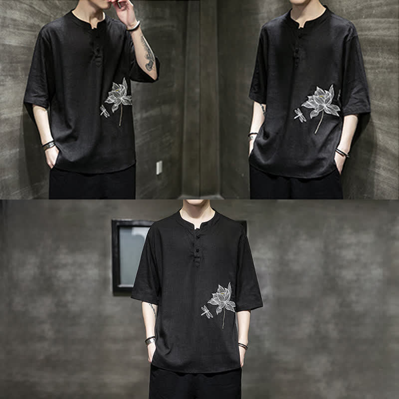 Buddha Stones Letnia męska koszulka z krótkim rękawem i haftowanym wzorem ważki lotosu z chińskim guzikiem żaby - image 9