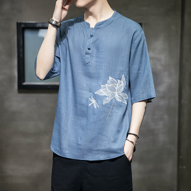 Buddha Stones Letnia męska koszulka z krótkim rękawem i haftowanym wzorem ważki lotosu z chińskim guzikiem żaby - Chaber niebieski - US/UK/AU46， EU56 (5XL) - image 18