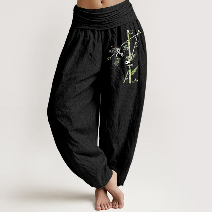 Buddha Stones Spodnie haremki damskie z elastycznej talii, w prostym stylu, z czystej bawełny, z wzorem pandy i bambusa - Czarny - US16, UK/AU20, EU48 (3XL) - image 0