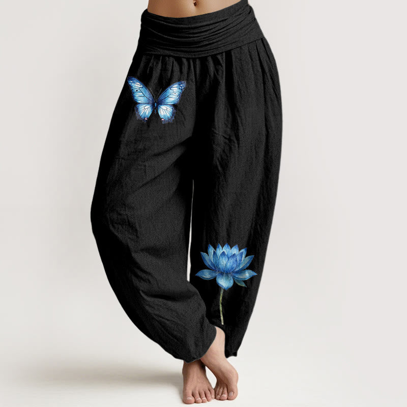 Buddha Stones Spodnie haremki damskie z elastycznej talii z motywem motyla i lotosu z czystej bawełny - Czarny - US16, UK/AU20, EU48 (3XL) - image 0