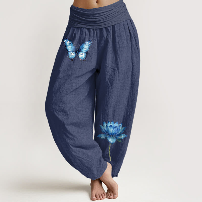Buddha Stones Spodnie haremki damskie z elastycznej talii z motywem motyla i lotosu z czystej bawełny - DarkSlateBlue - US16, UK/AU20, EU48 (3XL) - image 5