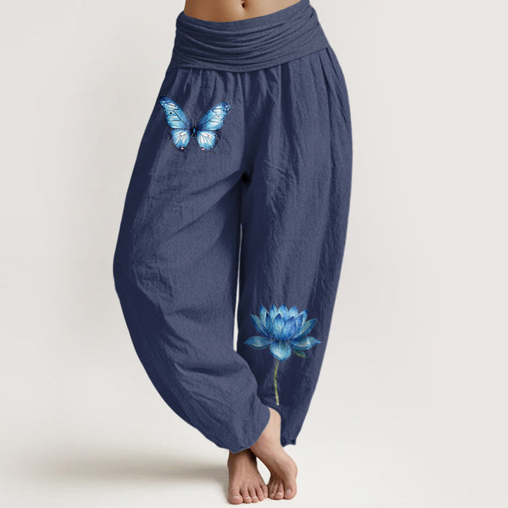 Buddha Stones Spodnie haremki damskie z elastycznej talii z motywem motyla i lotosu z czystej bawełny - DarkSlateBlue - US16, UK/AU20, EU48 (3XL) - image 5
