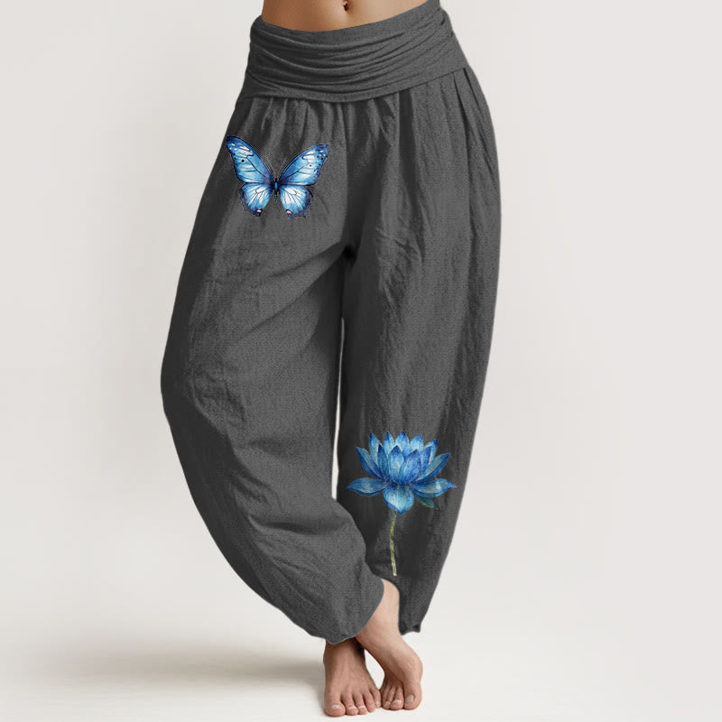 Buddha Stones Spodnie haremki damskie z elastycznej talii z motywem motyla i lotosu z czystej bawełny - DimGray - US16, UK/AU20, EU48 (3XL) - image 8