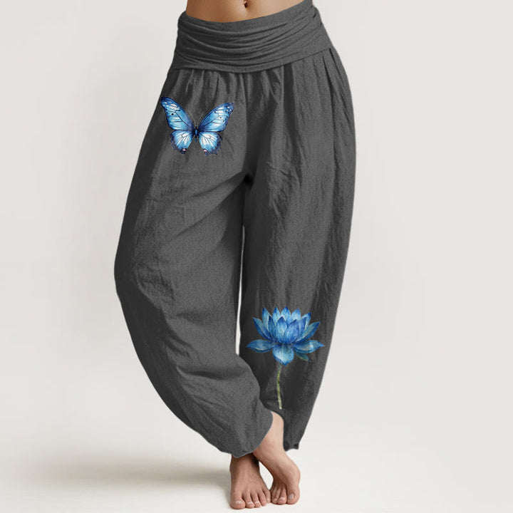 Buddha Stones Spodnie haremki damskie z elastycznej talii z motywem motyla i lotosu z czystej bawełny - DimGray - US16, UK/AU20, EU48 (3XL) - image 8