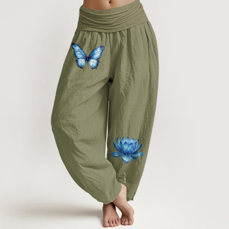 Buddha Stones Spodnie haremki damskie z elastycznej talii z motywem motyla i lotosu z czystej bawełny - Oliwkowy - US16, UK/AU20, EU48 (3XL) - image 14