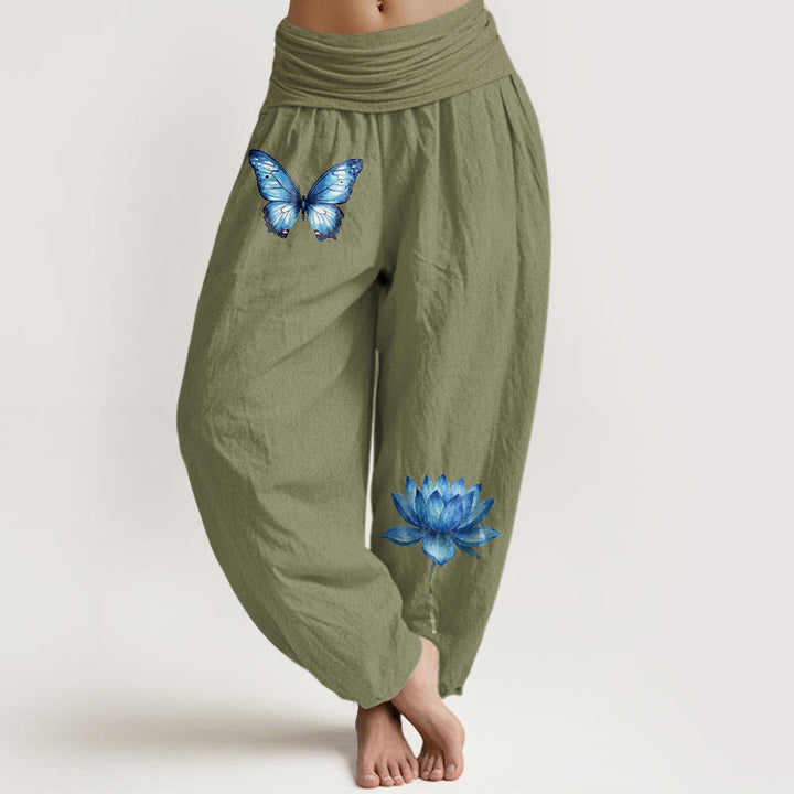 Buddha Stones Spodnie haremki damskie z elastycznej talii z motywem motyla i lotosu z czystej bawełny - Oliwkowy - US16, UK/AU20, EU48 (3XL) - image 14