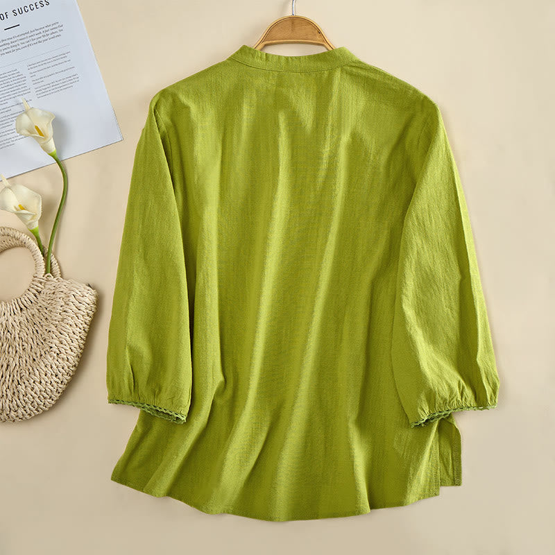 Buddha Stones Gładka damska bawełniana koszula z okrągłym dekoltem i długim rękawem zapinana na guziki typu żabka - image 1