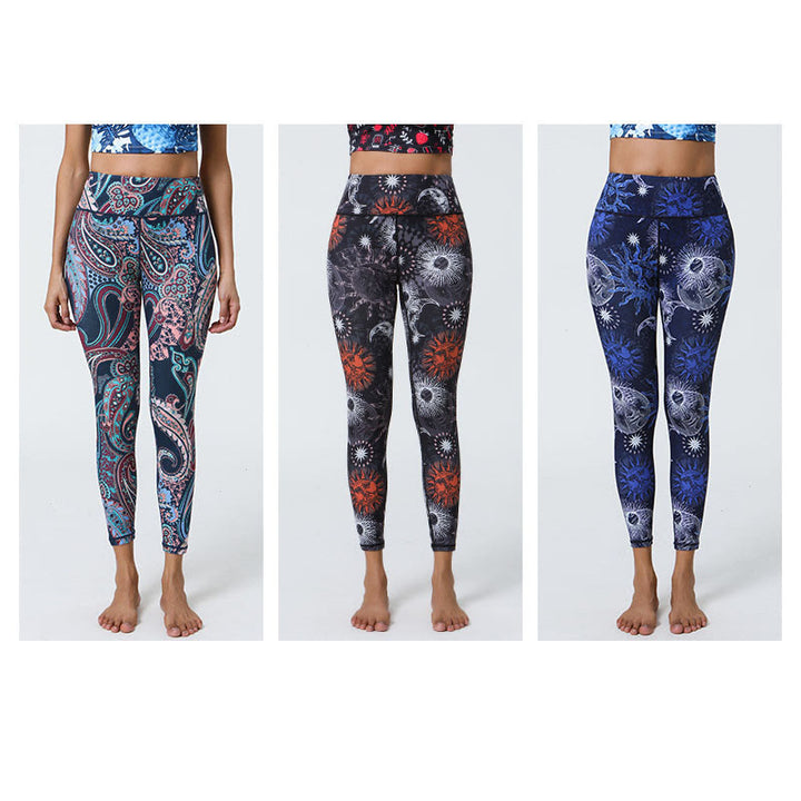 Buddha Stones, kwiaty, pióra, słońce, księżyc, nadruk, spodnie sportowe, fitness, joga, legginsy z wysokim stanem, damskie - image 15