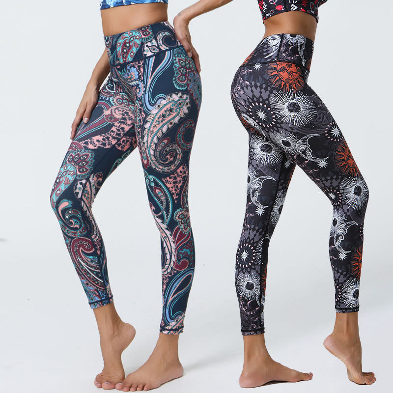 Buddha Stones, kwiaty, pióra, słońce, księżyc, nadruk, spodnie sportowe, fitness, joga, legginsy z wysokim stanem, damskie - image 0