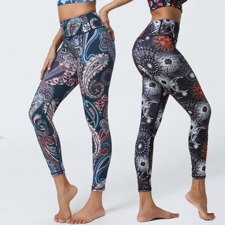 Buddha Stones, kwiaty, pióra, słońce, księżyc, nadruk, spodnie sportowe, fitness, joga, legginsy z wysokim stanem, damskie - image 0