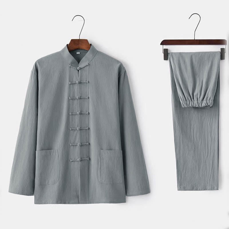 Buddha Stones, 2-częściowy strój Tang, tradycyjny mundur z żabą i guzikami, koszula z długim rękawem i spodnie, męski zestaw - Gainsboro - US/UK/AU44，EU54 (5XL) - image 2