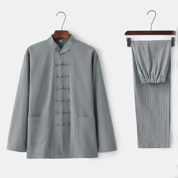 Buddha Stones, 2-częściowy strój Tang, tradycyjny mundur z żabą i guzikami, koszula z długim rękawem i spodnie, męski zestaw - Gainsboro - US/UK/AU44，EU54 (5XL) - image 2