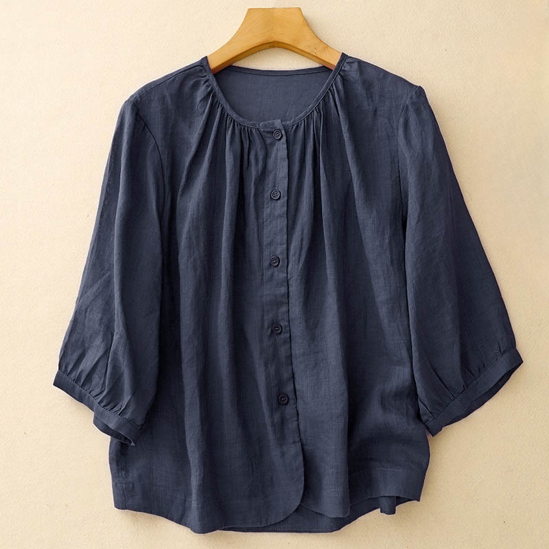 Koszula damska z okrągłym dekoltem i gładkimi guzikami w kształcie Buddha Stones z rękawami trzy czwarte - Marynarka wojenna - US12, UK/AU16, EU44 (2XL) - image 0